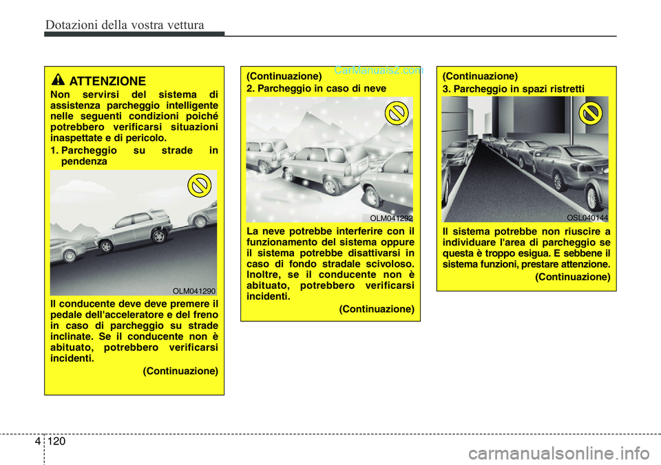 Hyundai Santa Fe 2015  Manuale del proprietario (in Italian) Dotazioni della vostra vettura
120 4
ATTENZIONE
Non servirsi del sistema di
assistenza parcheggio intelligente
nelle seguenti condizioni poiché
potrebbero verificarsi situazioni
inaspettate e di peri
