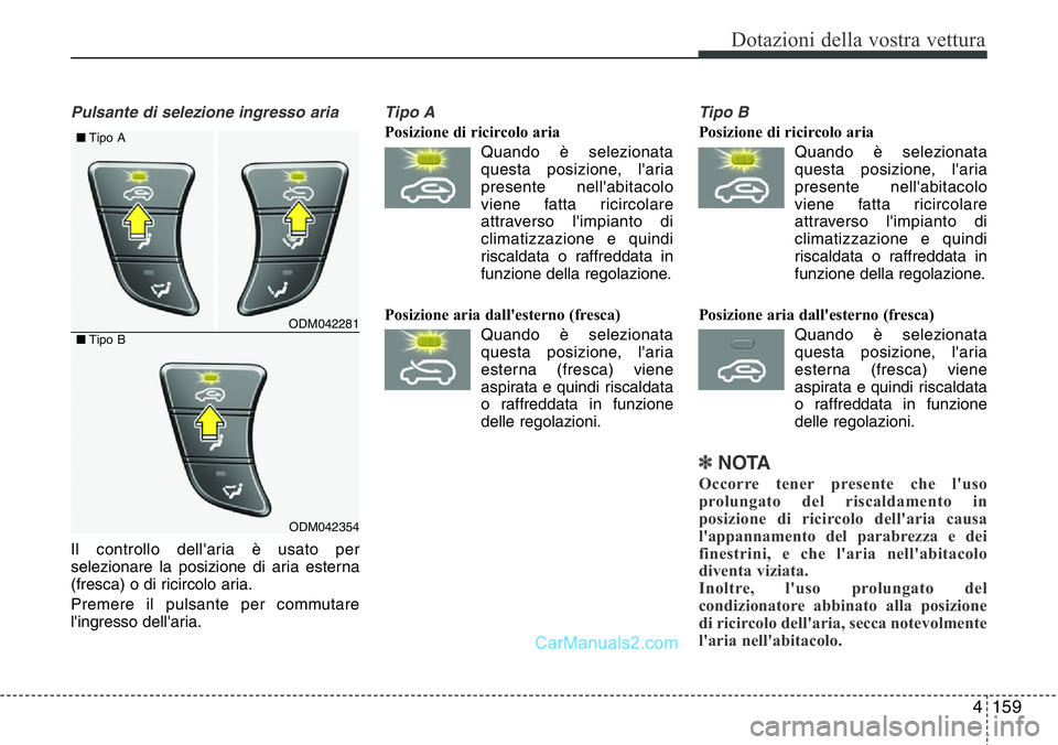 Hyundai Santa Fe 2015 Manuale del proprietario (in Italian) 4159
Dotazioni della vostra vettura
Pulsante di selezione ingresso aria
Il controllo dell'aria è usato per
selezionare la posizione di aria esterna
(fresca) o di ricircolo aria.
Premere il pulsan Hyundai Santa Fe 2015 Manuale del proprietario (in Italian) 4159
Dotazioni della vostra vettura
Pulsante di selezione ingresso aria
Il controllo dell'aria è usato per
selezionare la posizione di aria esterna
(fresca) o di ricircolo aria.
Premere il pulsan