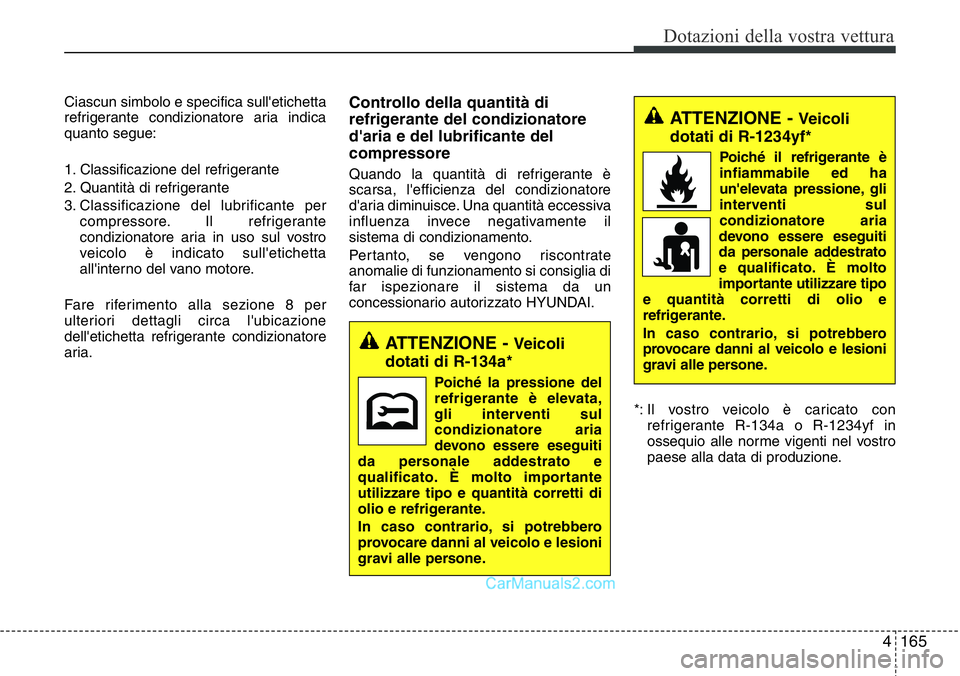 Hyundai Santa Fe 2015 Manuale del proprietario (in Italian) 4165
Dotazioni della vostra vettura
Ciascun simbolo e specifica sull'etichetta
refrigerante condizionatore aria indica
quanto segue:
1. Classificazione del refrigerante
2. Quantità di refrigerant Hyundai Santa Fe 2015 Manuale del proprietario (in Italian) 4165
Dotazioni della vostra vettura
Ciascun simbolo e specifica sull'etichetta
refrigerante condizionatore aria indica
quanto segue:
1. Classificazione del refrigerante
2. Quantità di refrigerant