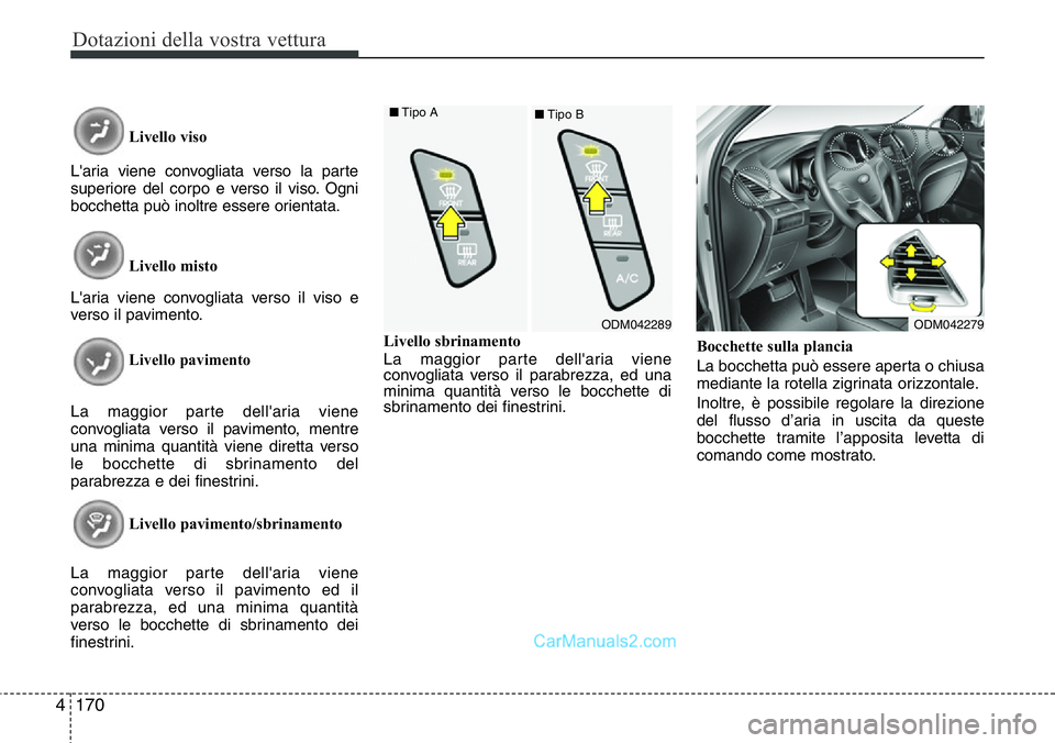 Hyundai Santa Fe 2015 Manuale del proprietario (in Italian) Dotazioni della vostra vettura
170 4
Livello viso
L'aria viene convogliata verso la parte
superiore del corpo e verso il viso. Ogni
bocchetta può inoltre essere orientata.
Livello misto
L'ari Hyundai Santa Fe 2015 Manuale del proprietario (in Italian) Dotazioni della vostra vettura
170 4
Livello viso
L'aria viene convogliata verso la parte
superiore del corpo e verso il viso. Ogni
bocchetta può inoltre essere orientata.
Livello misto
L'ari