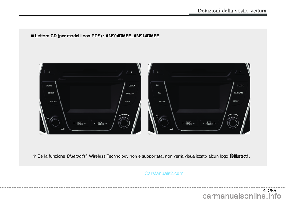 Hyundai Santa Fe 2015  Manuale del proprietario (in Italian) 4 265
Dotazioni della vostra vettura
■ Lettore CD (per modelli con RDS) : AM904DMEE, AM914DMEE
❋Se la funzione 
Bluetooth®Wireless Technology non è supportata, non verrà visualizzato alcun logo