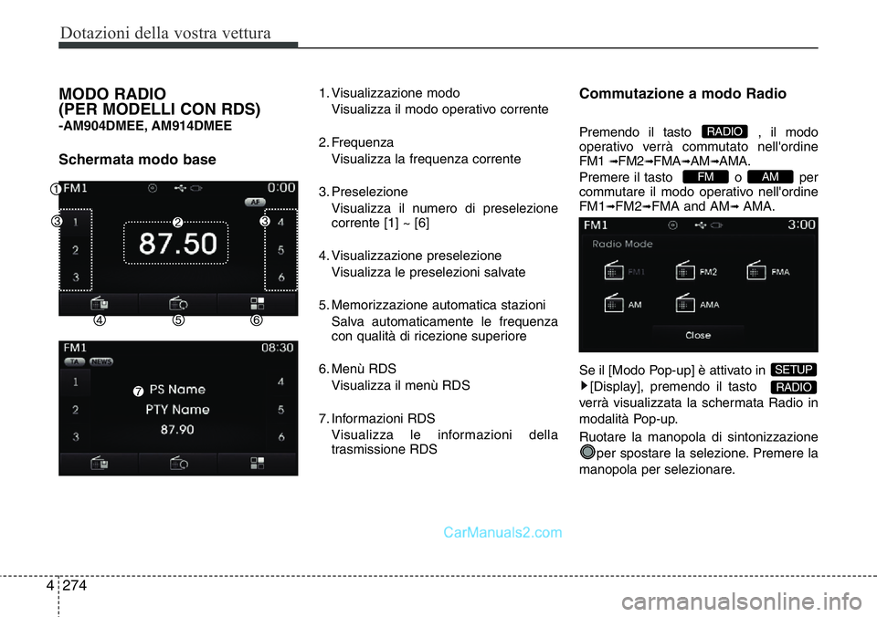 Hyundai Santa Fe 2015 Manuale del proprietario (in Italian) Dotazioni della vostra vettura
274 4
MODO RADIO
(PER MODELLI CON RDS)
-AM904DMEE, AM914DMEE
Schermata modo base
1. Visualizzazione modo
Visualizza il modo operativo corrente
2. Frequenza
Visualizza Hyundai Santa Fe 2015 Manuale del proprietario (in Italian) Dotazioni della vostra vettura
274 4
MODO RADIO
(PER MODELLI CON RDS)
-AM904DMEE, AM914DMEE
Schermata modo base
1. Visualizzazione modo
Visualizza il modo operativo corrente
2. Frequenza
Visualizza
