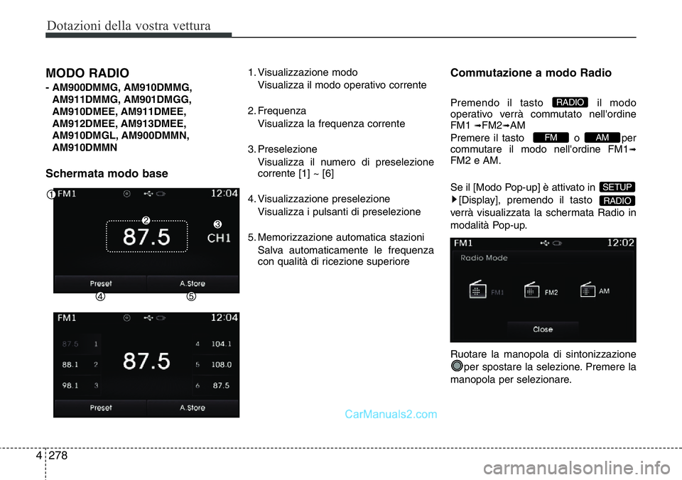 Hyundai Santa Fe 2015  Manuale del proprietario (in Italian) Dotazioni della vostra vettura
278 4
MODO RADIO 
- AM900DMMG, AM910DMMG,
AM911DMMG, AM901DMGG,
AM910DMEE, AM911DMEE,
AM912DMEE, AM913DMEE,
AM910DMGL, AM900DMMN,
AM910DMMN
Schermata modo base
1. Visual
