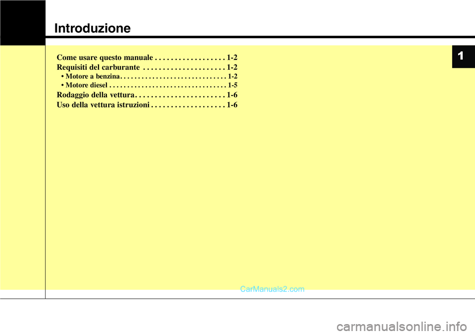 Hyundai Santa Fe 2015  Manuale del proprietario (in Italian) Introduzione
Come usare questo manuale . . . . . . . . . . . . . . . . . . 1-2
Requisiti del carburante . . . . . . . . . . . . . . . . . . . . . 1-2
• Motore a benzina . . . . . . . . . . . . . . .