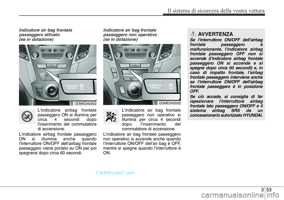 Hyundai Santa Fe 2015 Manuale del proprietario (in Italian) 353
Il sistema di sicurezza della vostra vettura
Indicatore air bag frontale
passeggero attivato
(se in dotazione)
L'indicatore airbag frontale
passeggero ON si illumina per
circa 4 secondi dopo
Hyundai Santa Fe 2015 Manuale del proprietario (in Italian) 353
Il sistema di sicurezza della vostra vettura
Indicatore air bag frontale
passeggero attivato
(se in dotazione)
L'indicatore airbag frontale
passeggero ON si illumina per
circa 4 secondi dopo