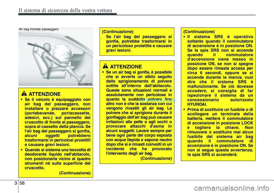 Hyundai Santa Fe 2015 Manuale del proprietario (in Italian) Il sistema di sicurezza della vostra vettura
56 3
ATTENZIONE
• Se il veicolo è equipaggiato con
air bag del passeggero, non
installare o piazzare accessori
(portabevande, portacassette,
adesivi, e Hyundai Santa Fe 2015 Manuale del proprietario (in Italian) Il sistema di sicurezza della vostra vettura
56 3
ATTENZIONE
• Se il veicolo è equipaggiato con
air bag del passeggero, non
installare o piazzare accessori
(portabevande, portacassette,
adesivi, e