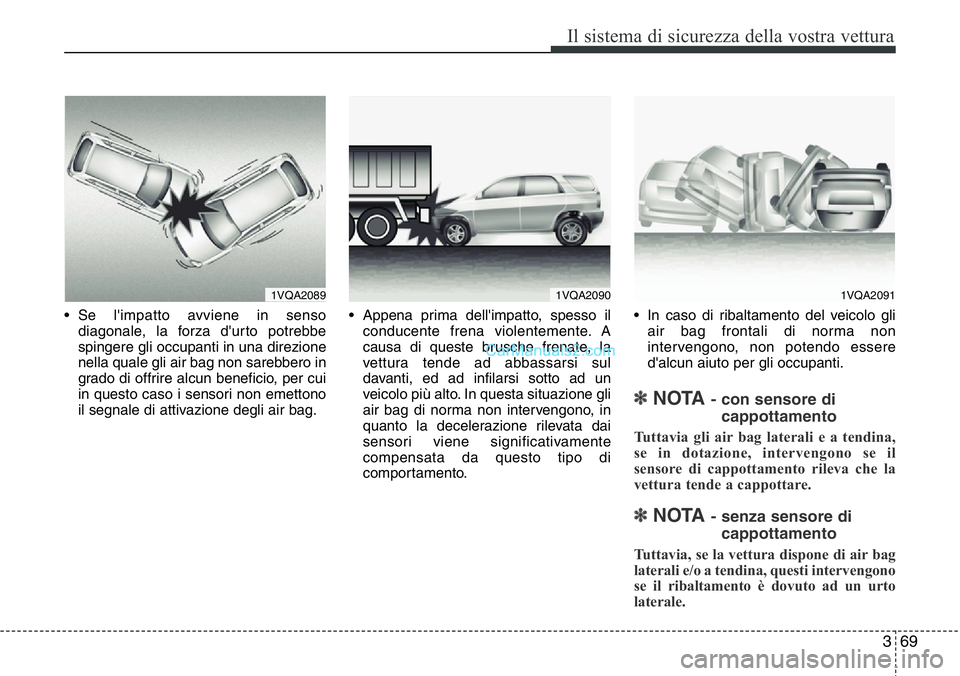 Hyundai Santa Fe 2015 Manuale del proprietario (in Italian) 369
Il sistema di sicurezza della vostra vettura
• Se l'impatto avviene in senso
diagonale, la forza d'urto potrebbe
spingere gli occupanti in una direzione
nella quale gli air bag non sareb Hyundai Santa Fe 2015 Manuale del proprietario (in Italian) 369
Il sistema di sicurezza della vostra vettura
• Se l'impatto avviene in senso
diagonale, la forza d'urto potrebbe
spingere gli occupanti in una direzione
nella quale gli air bag non sareb