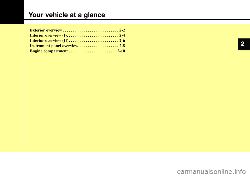Hyundai Santa Fe 2014  Owners Manual Your vehicle at a glance
Exterior overview . . . . . . . . . . . . . . . . . . . . . . . . . . . 2-2
Interior overview (I) . . . . . . . . . . . . . . . . . . . . . . . . . 2-4
Interior overview (II) 