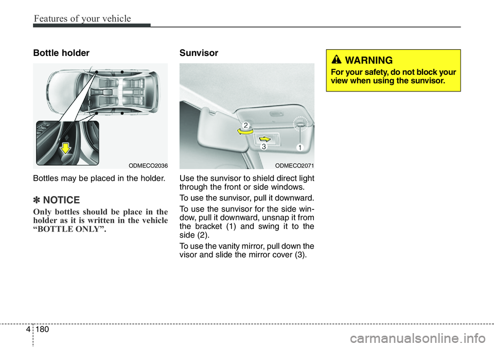 Hyundai Santa Fe 2014  Owners Manual Features of your vehicle
180 4
Bottle holder
Bottles may be placed in the holder.
✽NOTICE
Only bottles should be place in the
holder as it is written in the vehicle
“BOTTLE ONLY”.
Sunvisor
Use t