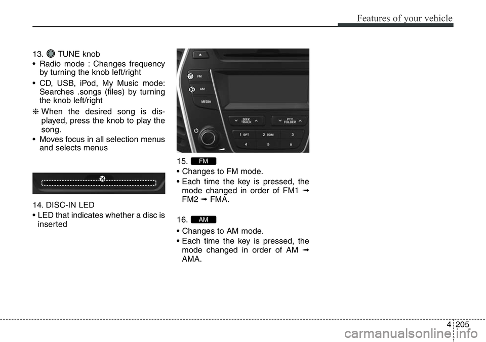 Hyundai Santa Fe 2014  Owners Manual 4205
Features of your vehicle
13. TUNE knob
• Radio mode : Changes frequency
by turning the knob left/right
• CD, USB, iPod, My Music mode:
Searches .songs (files) by turning
the knob left/right
