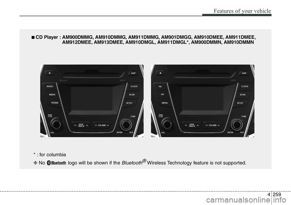 Hyundai Santa Fe 2014  Owners Manual 4259
Features of your vehicle
■ CD Player : AM900DMMG, AM910DMMG, AM911DMMG, AM901DMGG, AM910DMEE, AM911DMEE,
AM912DMEE, AM913DMEE, AM910DMGL, AM911DMGL*, AM900DMMN, AM910DMMN
* : for columbia
❈ N