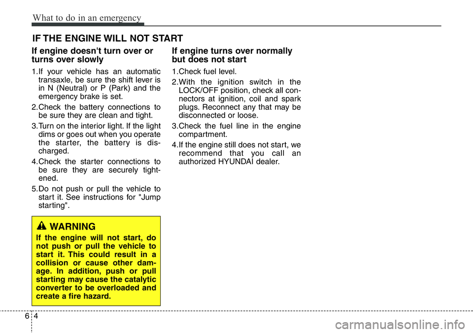 Hyundai Santa Fe 2014  Owners Manual What to do in an emergency
4 6
IF THE ENGINE WILL NOT START
If engine doesn't turn over or
turns over slowly
1.If your vehicle has an automatic
transaxle, be sure the shift lever is
in N (Neutral)