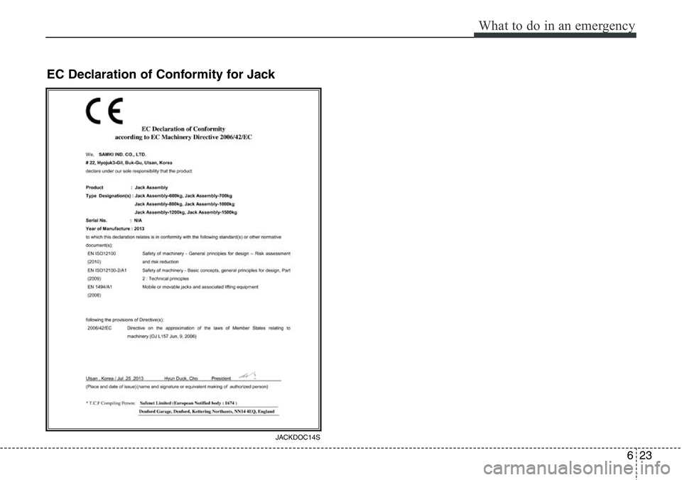 Hyundai Santa Fe 2014  Owners Manual 623
What to do in an emergency
EC Declaration of Conformity for Jack 
JACKDOC14S 