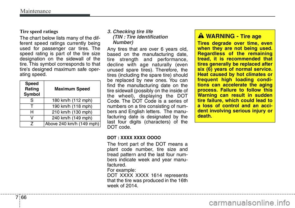 Hyundai Santa Fe 2014 Owners Manual Maintenance
66 7
Tire speed ratings
The chart below lists many of the dif-
ferent speed ratings currently being
used for passenger car tires. The
speed rating is part of the tire size
designation on Hyundai Santa Fe 2014 Owners Manual Maintenance
66 7
Tire speed ratings
The chart below lists many of the dif-
ferent speed ratings currently being
used for passenger car tires. The
speed rating is part of the tire size
designation on