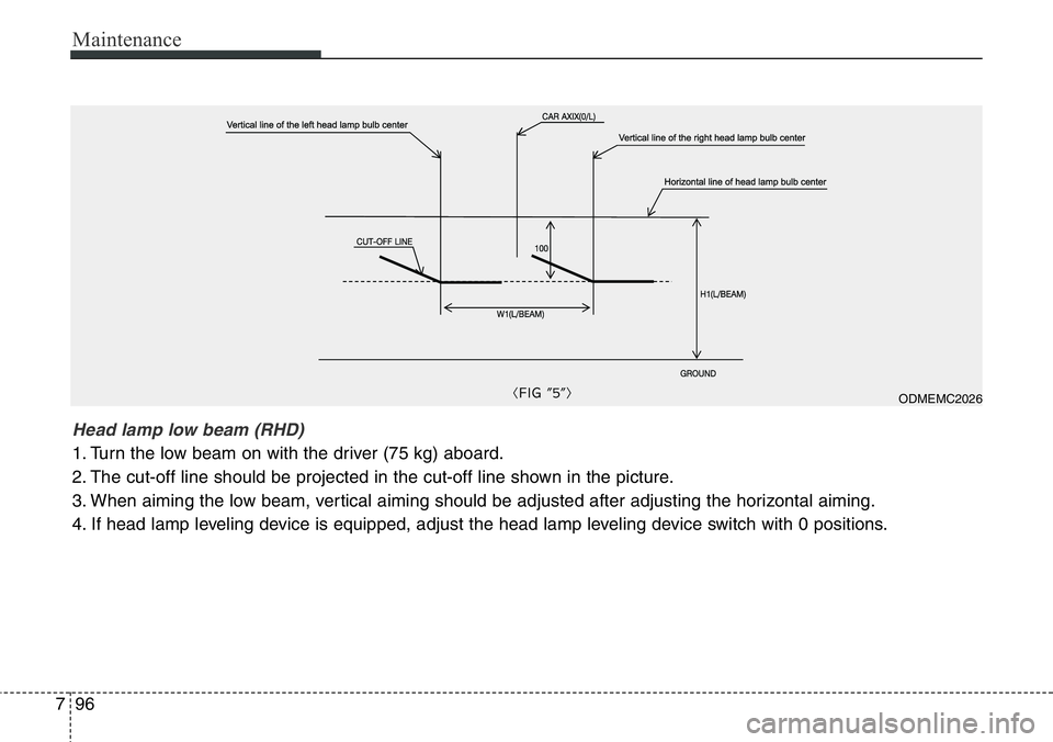 Hyundai Santa Fe 2014  Owners Manual Maintenance
96 7
ODMEMC2026
Head lamp low beam (RHD) 
1. Turn the low beam on with the driver (75 kg) aboard.
2. The cut-off line should be projected in the cut-off line shown in the picture.
3. When 