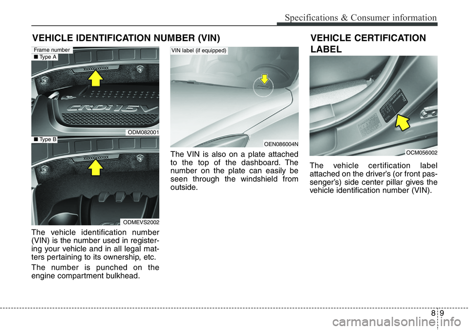 Hyundai Santa Fe 2014  Owners Manual 89
Specifications & Consumer information
The vehicle identification number
(VIN) is the number used in register-
ing your vehicle and in all legal mat-
ters pertaining to its ownership, etc.
The numbe