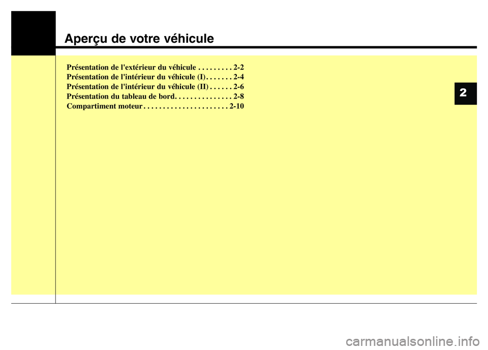 Hyundai Santa Fe 2014  Manuel du propriétaire (in French) Aperçu de votre véhicule
Présentation de l'extérieur du véhicule . . . . . . . . . 2-2
Présentation de l'intérieur du véhicule (I) . . . . . . . 2-4
Présentation de l'intérieur d