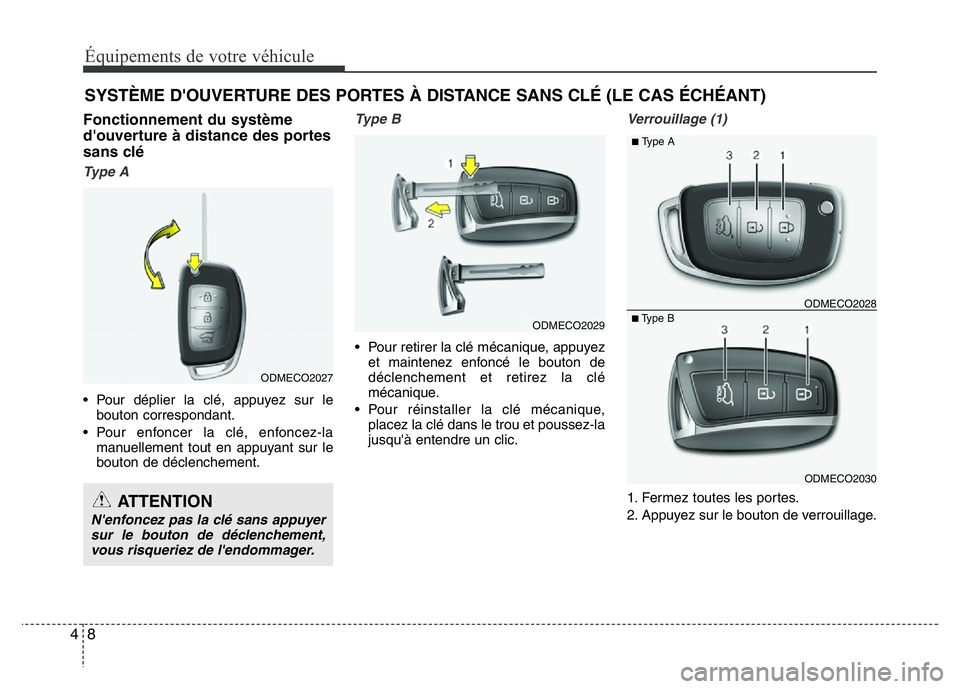 Hyundai Santa Fe 2014  Manuel du propriétaire (in French) Équipements de votre véhicule
8 4
Fonctionnement du système
d'ouverture à distance des portes
sans clé
Type A
• Pour déplier la clé, appuyez sur le
bouton correspondant.
• Pour enfoncer