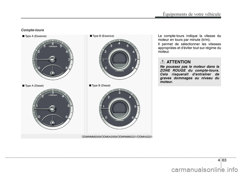 Hyundai Santa Fe 2014  Manuel du propriétaire (in French) 463
Équipements de votre véhicule
Compte-tours
ODMNMM2059/ODM042059/ODMNMM2221/ODM042221
■Type A (Essence)■Type B (Essence)
■Type A (Diesel)■Type B (Diesel)
ATTENTION
Ne poussez pas le moteu