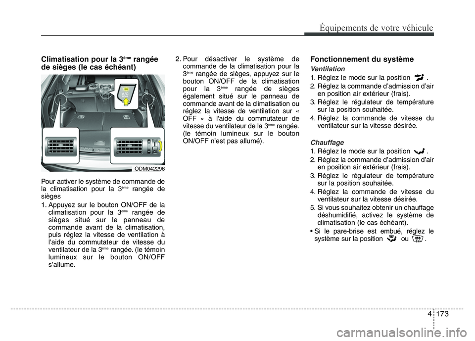 Hyundai Santa Fe 2014 Manuel du propriétaire (in French) 4 173
Équipements de votre véhicule
Climatisation pour la 3èmerangée
de sièges (le cas échéant)
Pour activer le système de commande de
la climatisation pour la 3èmerangée de
sièges
1. Appu Hyundai Santa Fe 2014 Manuel du propriétaire (in French) 4 173
Équipements de votre véhicule
Climatisation pour la 3èmerangée
de sièges (le cas échéant)
Pour activer le système de commande de
la climatisation pour la 3èmerangée de
sièges
1. Appu