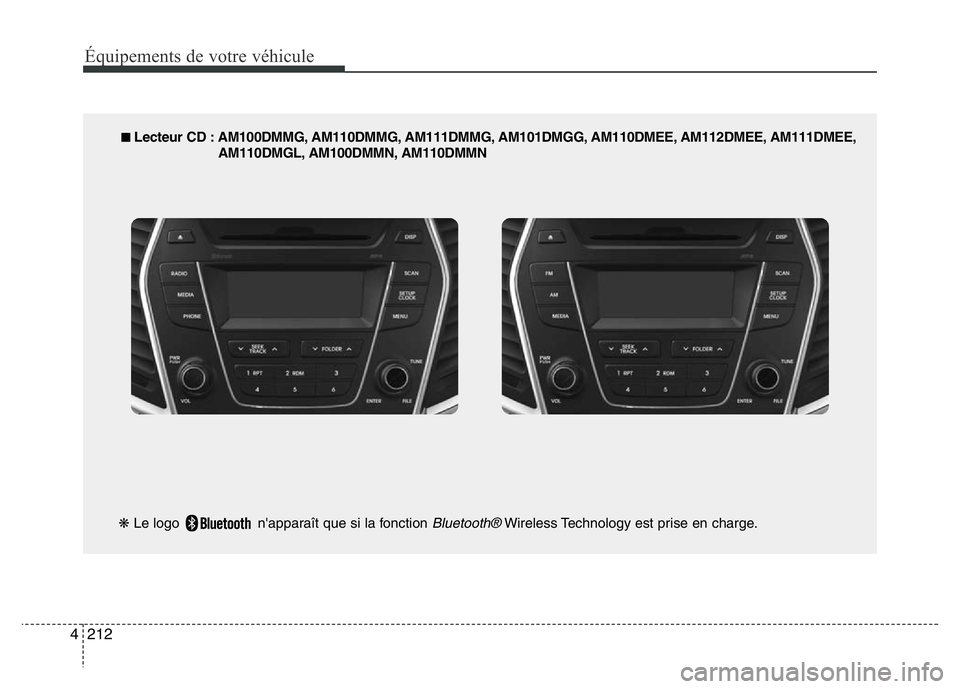 Hyundai Santa Fe 2014  Manuel du propriétaire (in French) 212 4
Équipements de votre véhicule
■ Lecteur CD : AM100DMMG, AM110DMMG, AM111DMMG, AM101DMGG, AM110DMEE, AM112DMEE, AM111DMEE,
AM110DMGL, AM100DMMN, AM110DMMN
❋Le logo  n'apparaît que si l