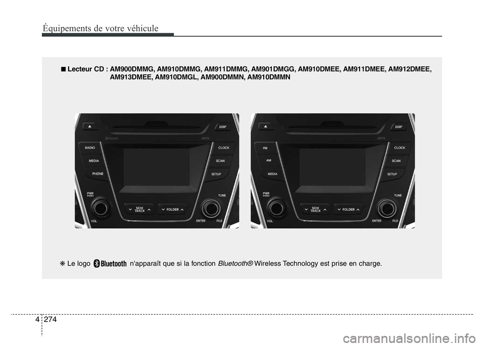 Hyundai Santa Fe 2014  Manuel du propriétaire (in French) 274 4
Équipements de votre véhicule
■ Lecteur CD : AM900DMMG, AM910DMMG, AM911DMMG, AM901DMGG, AM910DMEE, AM911DMEE, AM912DMEE,
AM913DMEE, AM910DMGL, AM900DMMN, AM910DMMN
❋Le logo  n'appara
