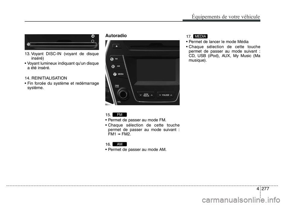 Hyundai Santa Fe 2014  Manuel du propriétaire (in French) 4277
Équipements de votre véhicule
13. Voyant DISC-IN (voyant de disque
inséré)
• Voyant lumineux indiquant qu'un disque
a été inséré.
14. REINITIALISATION
• Fin forcée du système et