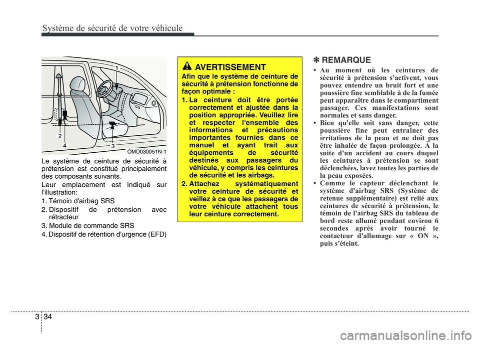 Hyundai Santa Fe 2014 Manuel du propriétaire (in French) Système de sécurité de votre véhicule
34 3
Le système de ceinture de sécurité à
prétension est constitué principalement
des composants suivants.
Leur emplacement est indiqué sur
l'illu Hyundai Santa Fe 2014 Manuel du propriétaire (in French) Système de sécurité de votre véhicule
34 3
Le système de ceinture de sécurité à
prétension est constitué principalement
des composants suivants.
Leur emplacement est indiqué sur
l'illu