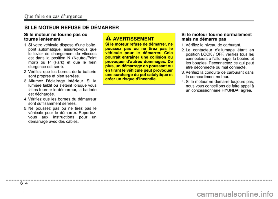 Hyundai Santa Fe 2014 Manuel du propriétaire (in French) Que faire en cas d’urgence
4 6
SI LE MOTEUR REFUSE DE DÉMARRER
Si le moteur ne tourne pas ou
tourne lentement
1. Si votre véhicule dispose d’une boîte-
pont automatique, assurez-vous que
le lev Hyundai Santa Fe 2014 Manuel du propriétaire (in French) Que faire en cas d’urgence
4 6
SI LE MOTEUR REFUSE DE DÉMARRER
Si le moteur ne tourne pas ou
tourne lentement
1. Si votre véhicule dispose d’une boîte-
pont automatique, assurez-vous que
le lev