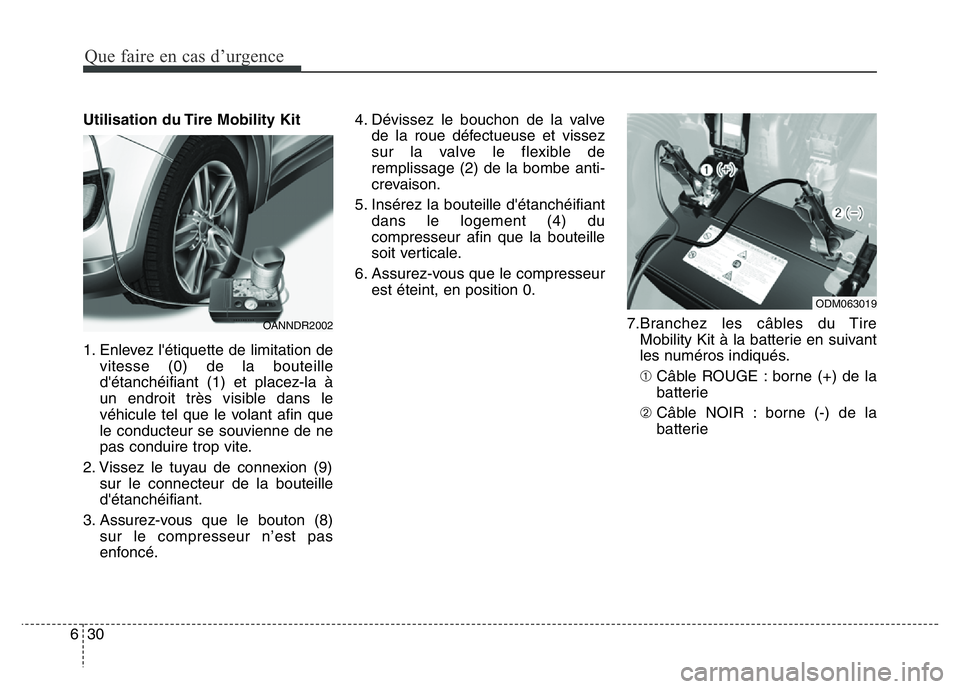 Hyundai Santa Fe 2014  Manuel du propriétaire (in French) Que faire en cas d’urgence
30 6
Utilisation du Tire Mobility Kit 
1. Enlevez l'étiquette de limitation de
vitesse (0) de la bouteille
d'étanchéifiant (1) et placez-la à
un endroit très 