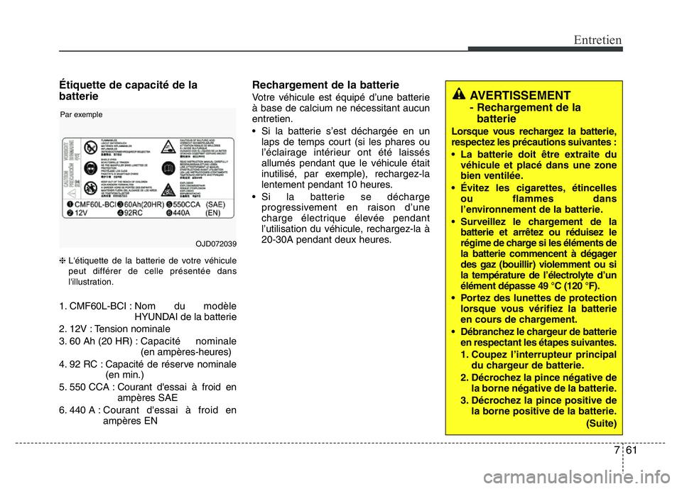 Hyundai Santa Fe 2014 Manuel du propriétaire (in French) 761
Entretien
Étiquette de capacité de la
batterie
❈L'étiquette de la batterie de votre véhicule
peut différer de celle présentée dans
l'illustration.
1. CMF60L-BCI :Nom du modèle
HY Hyundai Santa Fe 2014 Manuel du propriétaire (in French) 761
Entretien
Étiquette de capacité de la
batterie
❈L'étiquette de la batterie de votre véhicule
peut différer de celle présentée dans
l'illustration.
1. CMF60L-BCI :Nom du modèle
HY