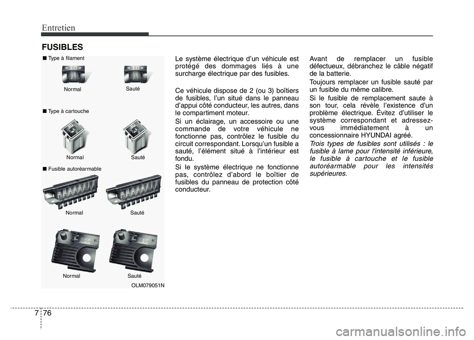 Hyundai Santa Fe 2014 Manuel du propriétaire (in French) Entretien
76 7
FUSIBLES
Le système électrique d’un véhicule est
protégé des dommages liés à une
surcharge électrique par des fusibles.
Ce véhicule dispose de 2 (ou 3) boîtiers
de fusibles, Hyundai Santa Fe 2014 Manuel du propriétaire (in French) Entretien
76 7
FUSIBLES
Le système électrique d’un véhicule est
protégé des dommages liés à une
surcharge électrique par des fusibles.
Ce véhicule dispose de 2 (ou 3) boîtiers
de fusibles,
