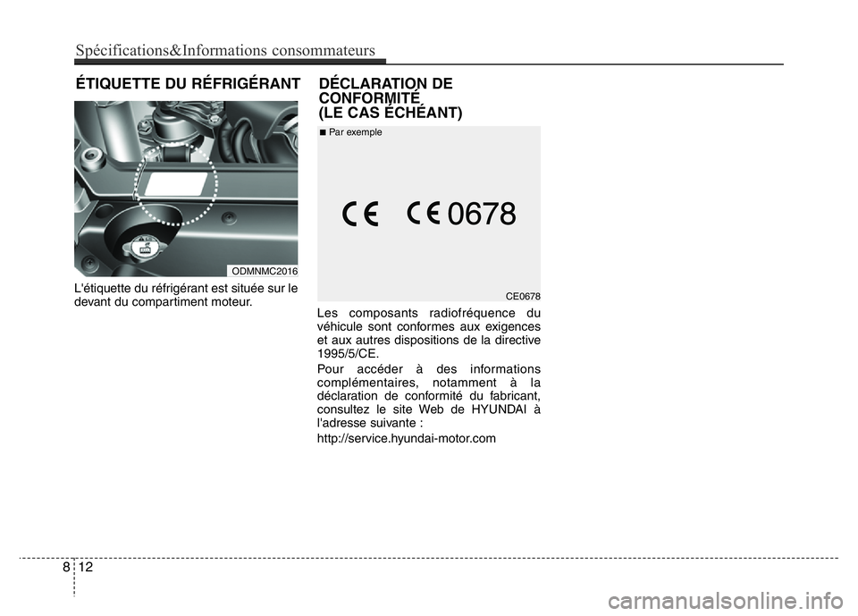 Hyundai Santa Fe 2014  Manuel du propriétaire (in French) L'étiquette du réfrigérant est située sur le
devant du compartiment moteur.
Les composants radiofréquence du
véhicule sont conformes aux exigences
et aux autres dispositions de la directive
