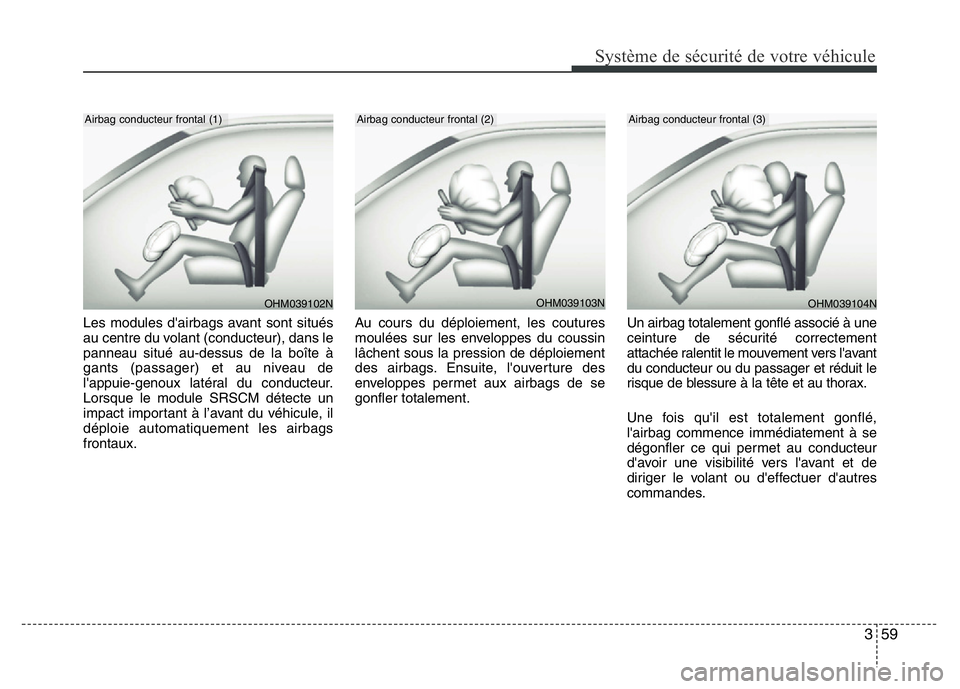 Hyundai Santa Fe 2014 Manuel du propriétaire (in French) 359
Système de sécurité de votre véhicule
Les modules d'airbags avant sont situés
au centre du volant (conducteur), dans le
panneau situé au-dessus de la boîte à
gants (passager) et au ni Hyundai Santa Fe 2014 Manuel du propriétaire (in French) 359
Système de sécurité de votre véhicule
Les modules d'airbags avant sont situés
au centre du volant (conducteur), dans le
panneau situé au-dessus de la boîte à
gants (passager) et au ni