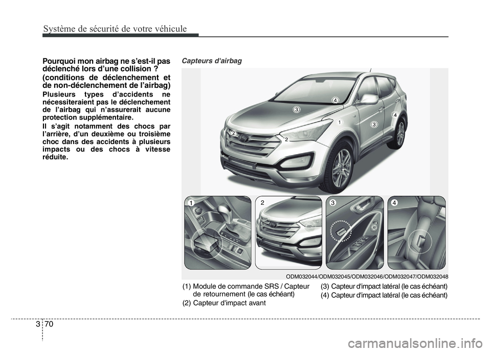 Hyundai Santa Fe 2014  Manuel du propriétaire (in French) Système de sécurité de votre véhicule 
70 3
Pourquoi mon airbag ne s’est-il pas
déclenché lors d’une collision ? 
(conditions de déclenchement et
de non-déclenchement de l’airbag)
Plusie
