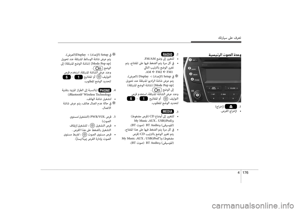 Hyundai Santa Fe 2014  دليل المالك كترايس لىع فرعت
176 
4
00CF00CB006C00CB00D3006800B8003F001E004E00C9007400B8003F001E00CE0064005700C8
)جارخإ(                 . 1
.صرقلا جارخلإ  
•
.2
.FM/AM عضو لىإ