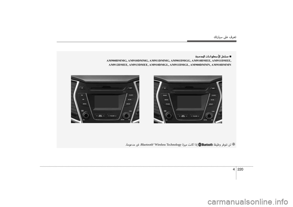 Hyundai Santa Fe 2014  دليل المالك كترايس لىع فرعت
220 
4
00CF00870064009B003F001E004En
AM900DMMG, AM910DMMG, AM911DMMG, AM901DMGG, AM910DMEE, AM911DMEE,
AM912DMEE, AM913DMEE, AM910DMGL, AM911DMGL, AM900DMMN, AM910DMMN
.ة
