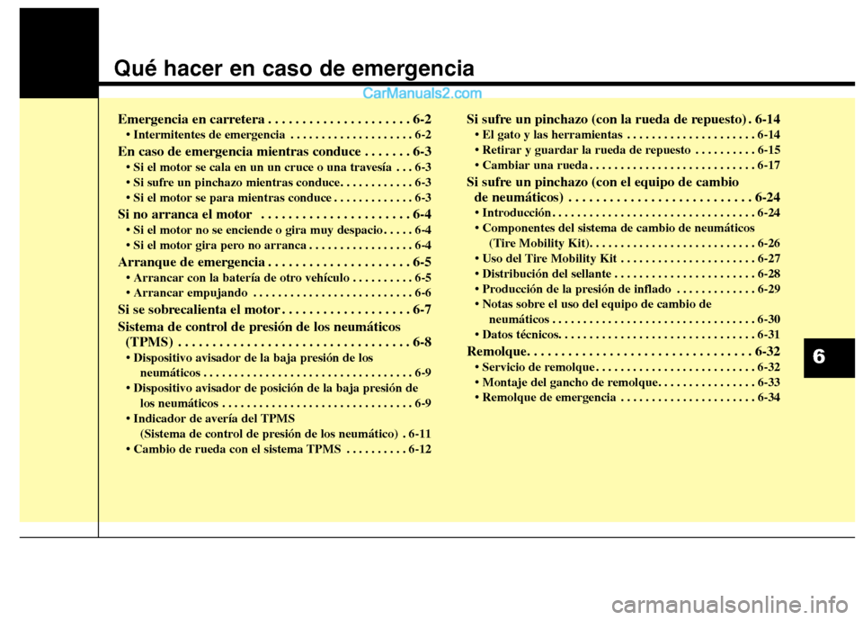 Hyundai Santa Fe 2013 Manual del propietario (in Spanish) Qué hacer en caso de emergencia
Emergencia en carretera . . . . . . . . . . . . . . . . . . . . . 6-2• Intermitentes de emergencia . . . . . . . . . . . . . . . . . . . . 6-2
En caso de emergencia Hyundai Santa Fe 2013 Manual del propietario (in Spanish) Qué hacer en caso de emergencia
Emergencia en carretera . . . . . . . . . . . . . . . . . . . . . 6-2• Intermitentes de emergencia . . . . . . . . . . . . . . . . . . . . 6-2
En caso de emergencia