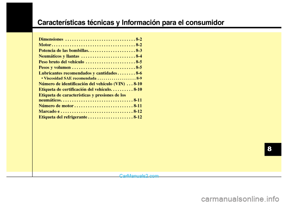 Hyundai Santa Fe 2013 Manual del propietario (in Spanish) Características técnicas y Información para el consumidor
Dimensiones . . . . . . . . . . . . . . . . . . . . . . . . . . . . . . . 8-2
Motor . . . . . . . . . . . . . . . . . . . . . . . . . . . Hyundai Santa Fe 2013 Manual del propietario (in Spanish) Características técnicas y Información para el consumidor
Dimensiones . . . . . . . . . . . . . . . . . . . . . . . . . . . . . . . 8-2
Motor . . . . . . . . . . . . . . . . . . . . . . . . . . .