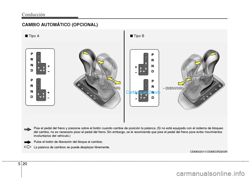 Hyundai Santa Fe 2013  Manual del propietario (in Spanish) Conducción
20
5
CAMBIO AUTOMÁTICO (OPCIONAL)
ODM052011/ODMEDR2203R
La palanca de cambios se puede desplazar libremente.
Pulse el botón de liberación del bloque al cambiar.
Pise el pedal del freno 