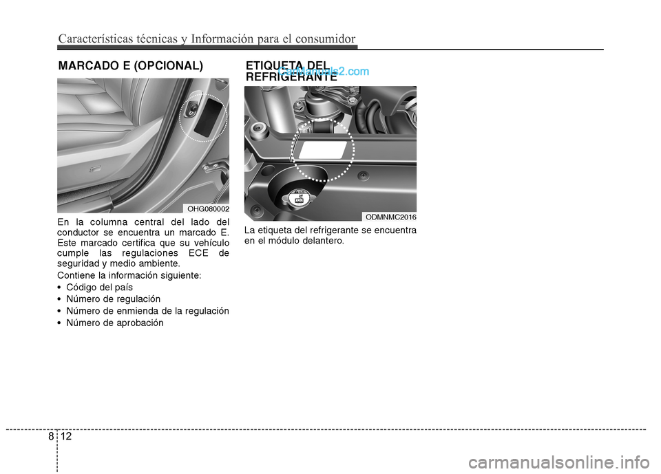 Hyundai Santa Fe 2013  Manual del propietario (in Spanish) En la columna central del lado del 
conductor se encuentra un marcado E.
Este marcado certifica que su vehículocumple las regulaciones ECE de
seguridad y medio ambiente. 
Contiene la información sig