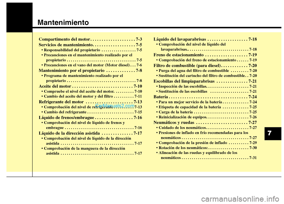 Hyundai Santa Fe 2013 Manual del propietario (in Spanish) Mantenimiento
7
Compartimento del motor . . . . . . . . . . . . . . . . . . . . 7-3
Servicios de mantenimiento. . . . . . . . . . . . . . . . . . . 7-5• Responsabilidad del propietario . . . . . . Hyundai Santa Fe 2013 Manual del propietario (in Spanish) Mantenimiento
7
Compartimento del motor . . . . . . . . . . . . . . . . . . . . 7-3
Servicios de mantenimiento. . . . . . . . . . . . . . . . . . . 7-5• Responsabilidad del propietario . . . . . .