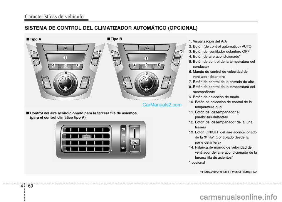 Hyundai Santa Fe 2013  Manual del propietario (in Spanish) Características de vehículo
160
4
SISTEMA DE CONTROL DEL CLIMATIZADOR AUTOMÁTICO (OPCIONAL)
ODM042285/ODMECL2010/OXM049141 
■■
Tipo A ■■
Tipo B
■
■ Control del aire acondicionado para l