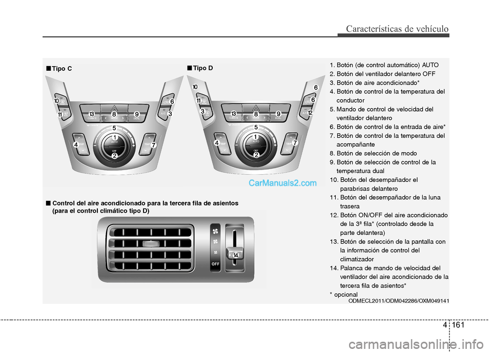 Hyundai Santa Fe 2013  Manual del propietario (in Spanish) 4 161
Características de vehículo
ODMECL2011/ODM042286/OXM049141 
■■Tipo D
■
■ Control del aire acondicionado para la tercera fila de asientos  
(para el control climático tipo D)
■
■
T