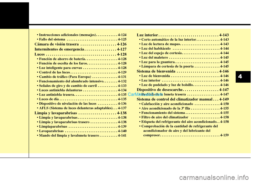 Hyundai Santa Fe 2013 Manual del propietario (in Spanish) . . . . . . . . . . . . 4-124
. . . . . . . . . . . . . . . . . . . . . . . . . . . . 4-125
Cámara de visión trasera . . . . . . . . . . . . . . . . . . 4-126
Intermitentes de emergencia . . . . Hyundai Santa Fe 2013 Manual del propietario (in Spanish) . . . . . . . . . . . . 4-124
. . . . . . . . . . . . . . . . . . . . . . . . . . . . 4-125
Cámara de visión trasera . . . . . . . . . . . . . . . . . . 4-126
Intermitentes de emergencia . . . .