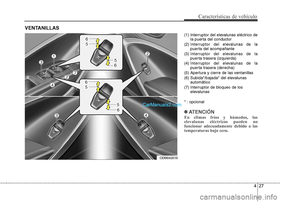 Hyundai Santa Fe 2013  Manual del propietario (in Spanish) 427
Características de vehículo
(1) Interruptor del elevalunas eléctrico dela puerta del conductor
(2)  Interruptor del elevalunas de la 
puerta del acompañante
(3)  Interruptor del elevalunas de 