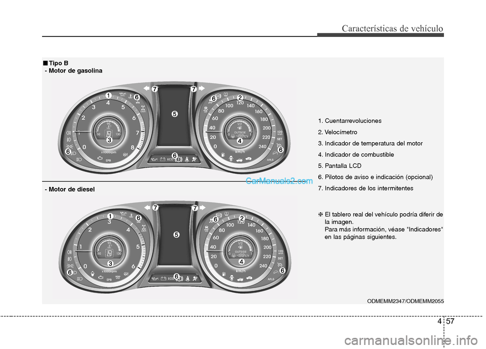 Hyundai Santa Fe 2013  Manual del propietario (in Spanish) 457
Características de vehículo
ODMEMM2347/ODMEMM2055
■■Tipo B
- Motor de gasolina
- Motor de diesel
1. Cuentarrevoluciones 
2. Velocímetro
3. Indicador de temperatura del motor
4. Indicador de