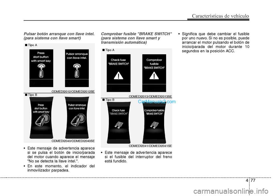 Hyundai Santa Fe 2013  Manual del propietario (in Spanish) 477
Características de vehículo
Pulsar botón arranque con llave intel.(para sistema con llave smart)
 Este mensaje de advertencia aparece si se pulsa el botón de inicio/parada del motor cuando apa