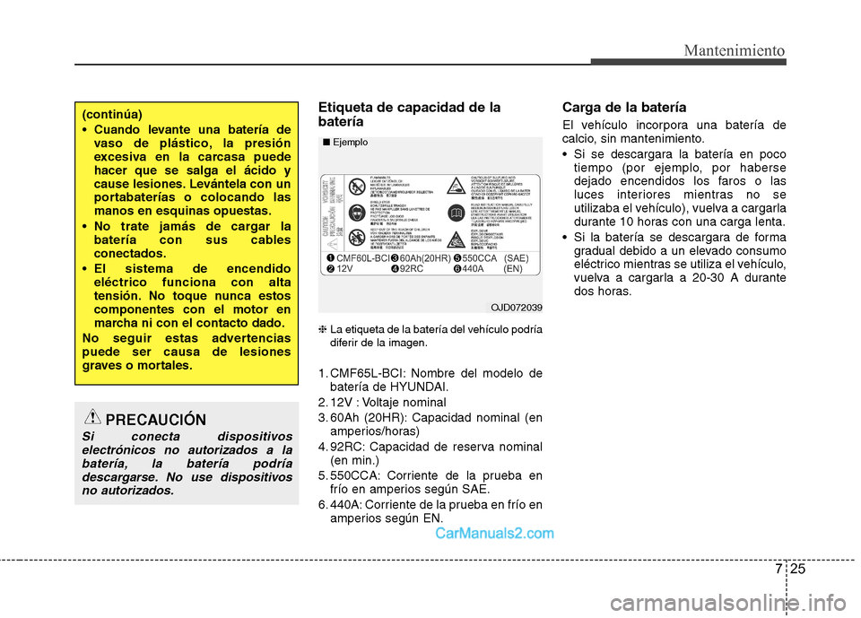 Hyundai Santa Fe 2013 Manual del propietario (in Spanish) 725
Mantenimiento
Etiqueta de capacidad de la batería ❈La etiqueta de la batería del vehículo podría
diferir de la imagen.
1. CMF65L-BCI: Nombre del modelo de batería de HYUNDAI.
2. 12V : Volt Hyundai Santa Fe 2013 Manual del propietario (in Spanish) 725
Mantenimiento
Etiqueta de capacidad de la batería ❈La etiqueta de la batería del vehículo podría
diferir de la imagen.
1. CMF65L-BCI: Nombre del modelo de batería de HYUNDAI.
2. 12V : Volt