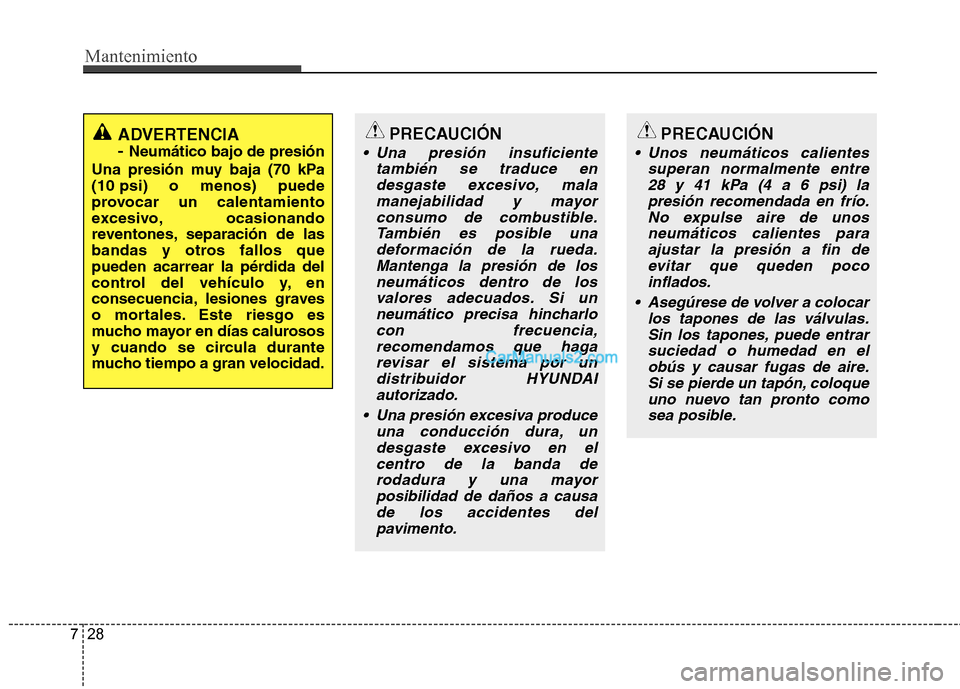 Hyundai Santa Fe 2013 Manual del propietario (in Spanish) Mantenimiento
28
7
ADVERTENCIA -
Neumático bajo de presión
Una presión muy baja (70 kPa
(10 psi) o menos) puede
provocar un calentamiento
excesivo, ocasionando
reventones, separación de las
ban Hyundai Santa Fe 2013 Manual del propietario (in Spanish) Mantenimiento
28
7
ADVERTENCIA -
Neumático bajo de presión
Una presión muy baja (70 kPa
(10 psi) o menos) puede
provocar un calentamiento
excesivo, ocasionando
reventones, separación de las
ban